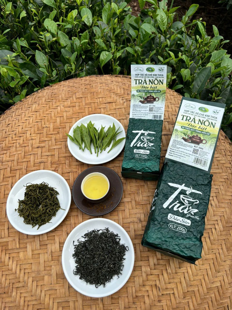 Hai gói Trà Nõn Đặc Biệt cùng đĩa trà khô và chén nước trà